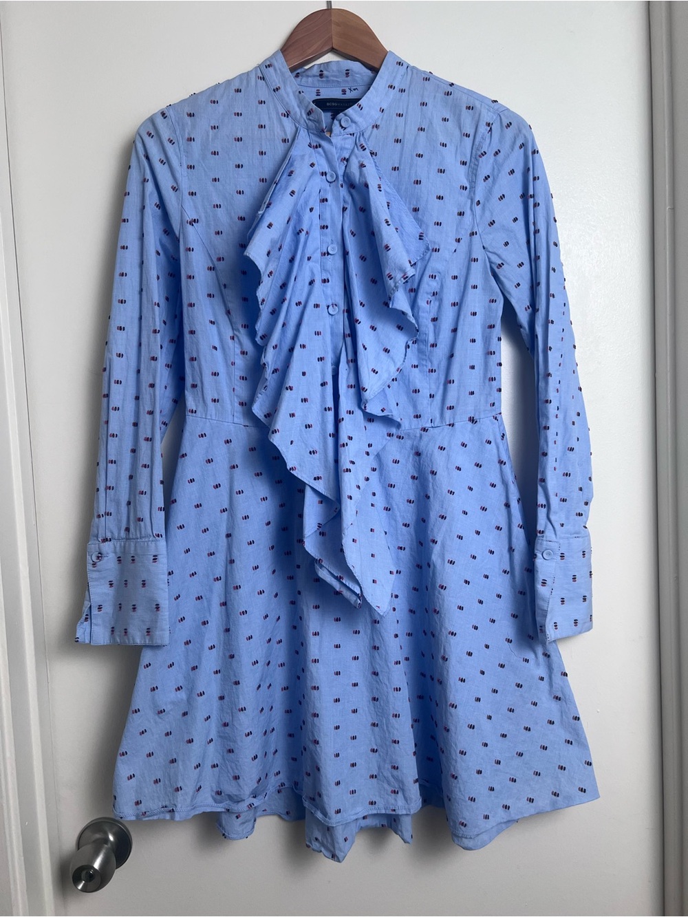 BCBGMAXAZRIA Blue Cotton Shirt Dress Small Long Sleeve Fit & Flare homecoming